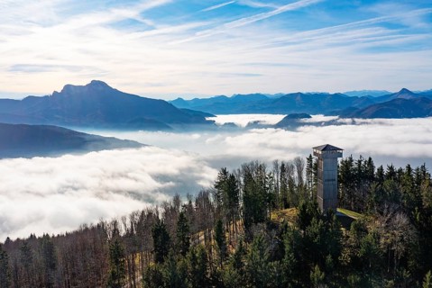 Drone shot, sea of fog in the Mondseeland with observation tower on the Kulmspitze, Mondsee,