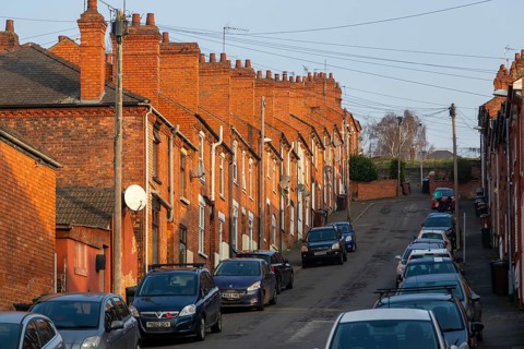 Victorian terraced housing with no front gardens, Bernard Street, inner city of Lincoln,