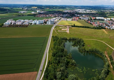 Drone image, shoring in grassland with pond, housing estate, high-rise housing estate, Asten, Linz