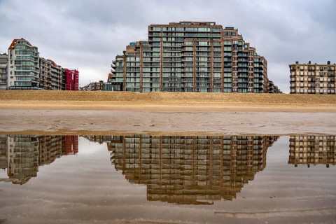 The skyline of Knokke-Heist, on the North Sea beach, dreary winter day, mostly apartment buildings