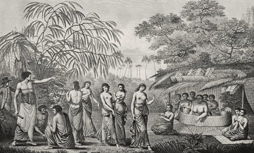 Native Tongan women dancing before Queen Tine, 18th century