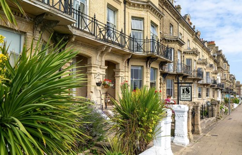 History buildings traditional guesthouses on seafront, Kirkley Cliff Road, Lowestoft, Suffolk,