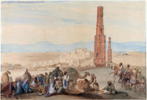 Caravan with camels in front of ruins and a vast landscape