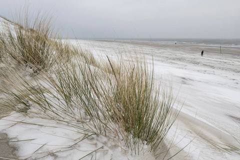 Snow-covered dunes on the North Sea beach, Langeoog, Lower Saxony, Germany