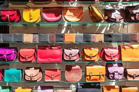 Leather bags on sale, Rethymno, Crete, Greek Islands, Greece