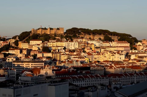 View from the viewpoint Miradouro de São Pedro de Alcântara to Castelo de São Jorge, city view,