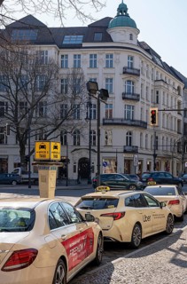 Taxi stop with yellow call post at Schlüterstraße and Kurfüstendamm intersection, Berlin, Germany