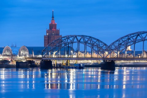 Academy of Sciences, in front of it central market, railway bridge, leads over the Daugava, Riga,