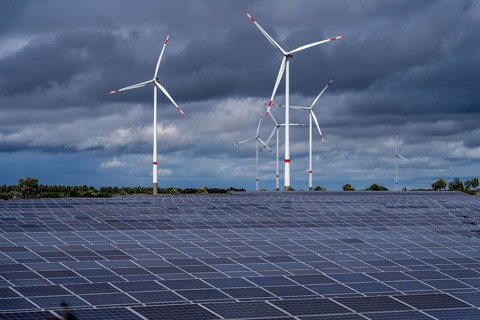 Solar park and wind farm near Morschheim, part of the municipality of Kirchheimbolanden,