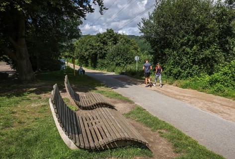 Hagen, North Rhine-Westphalia, Germany - benches on the Ruhr Valley cycle path on Lake Hengstey,