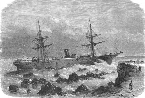 Shipwreck, sinking of the ship Grand Duke Alexander of Russia, off the coast of Jutland, 1869,