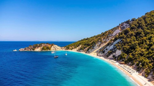 Aerial view of the paradise beach with turquoise water of Gidaki on the island of Ithaki or Ithaca