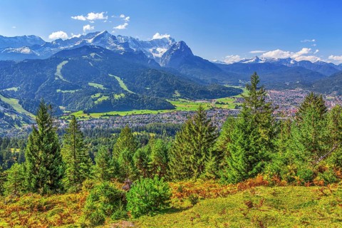 View from Wank 1780m to valley, village and Zugspitzgruppe 2962m, Garmisch-Partenkirchen,