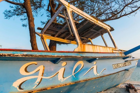 Light blue old wooden fishing boat, boat, ship, wreck, dilapidated, ocean, holiday, travel, Gili