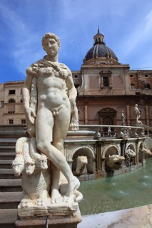 Old town of Palermo, Piazza Pretoria, figures of the Mannerist fountain Fontana Pretoria and in the