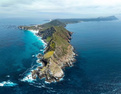 Aerial view, cliffs and sea at Cape of Good Hope, Cape Point Lighthouse, Cape Peninsula, Cape Point