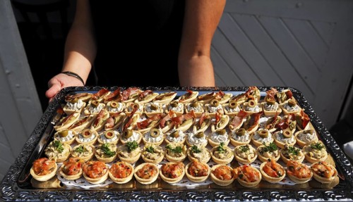 Finger food is served on a silver platter at a wedding, Bad Essen, Lower Saxony, Germany