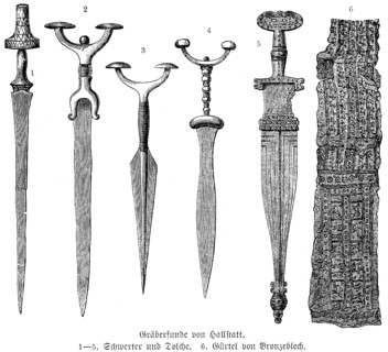 Finds with ornamentation from graves of the Hallstatt cemetery, swords and daggers (1-5), bronze