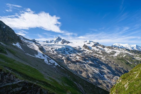 High alpine mountain landscape, summit of the Aiguille de Chardonnet and Glacier du Tour, glaciers