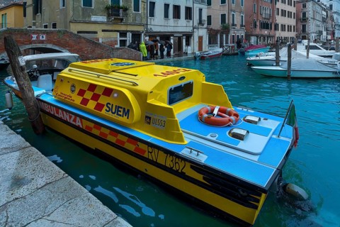 Venetian Ambulance Motorboat at Anchor, Venice, Veneto, Italy