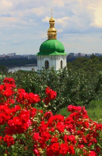 Church tower with green and golden dome, part of the Kiev Cave Monastery, Holy Mary Ascension