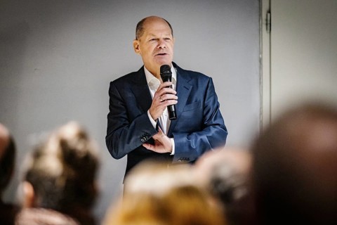Olaf Scholz (SPD), Federal Chancellor, recorded during a public discussion in Stahnsdorf,