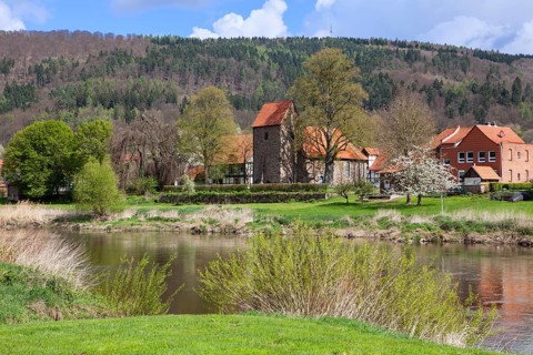View over the Weser River to the village of Hemeln, part of Hann. Münden, district of Göttingen,