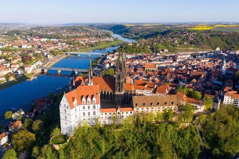 Aerial view of Meissen with Albrechtsburg, cathedral, Elbe, Elbe bridges, old town and Elbe valley,