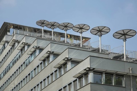Morrow, modern building with terraces and umbrellas, steps, Frankfurt am Main, Hesse, Germany