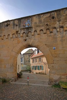 Historic iron gate with city coat of arms, city fortification, city wall, city gate, archway,