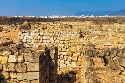 Ancient archaeological site of Sumhuram, near the city of Taqah, behind the modern houses of Taqah,