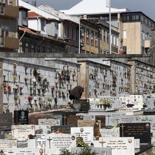 Cemitério da Lapa, Lapa cemetery, a person tending a burial ground, beyond the wall the houses of
