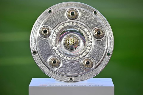 Bundesliga Meisterschale, trophy, cup, on podium, Allianz Arena, Munich, Bavaria, Germany