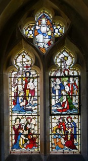 Stained glass window of Martyrs, Prophets, Saints praising God, Manningford Bruce church,