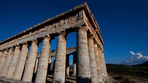 Evening light, Doric temple, front and side, super wide angle shot, Segesta, Ancient site,