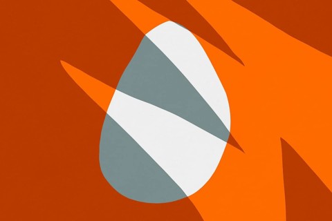 Bold geometric shapes blend vibrant orange, grey, and white in a dynamic abstract composition. This
