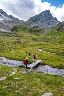 Hiker on hiking trail, stream with bridge, Lasörling Höhenweg, Lasörling Group, Hohe Tauern