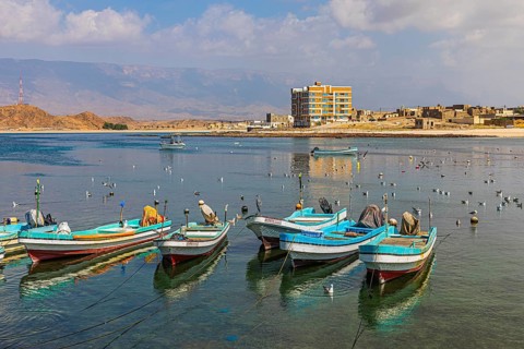 Fishing boats anchored in the harbour of Mirbat, Dhofar Province, Arabian Peninsula, Sultanate of