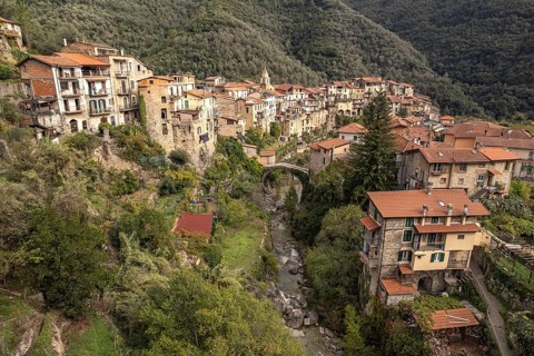The medieval village of Rocchetta Nervina in Val Nervia seen from the air, Liguria, Italy