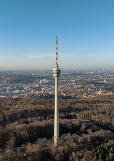 Aerial view of the 216.6 metre high Stuttgart television tower, observation tower, restaurant,