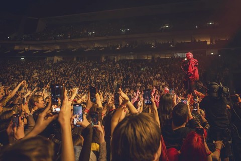 Tyler Joseph, lead singer of Twenty One Pilots live on The Clancy World Tour at the Uber Arena in