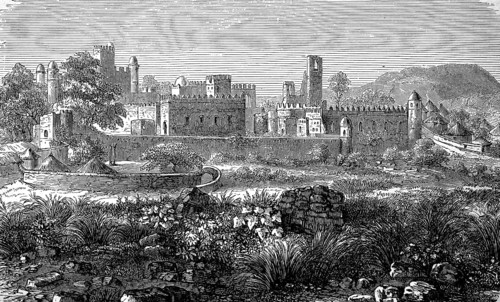 The north side of the fortress of Gondar in Ethiopia, in 1880, Historical, digital reproduction of