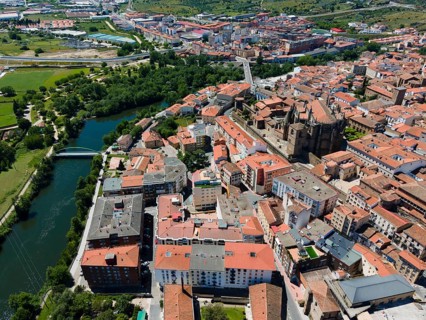 Aerial view of a town with red tiled roofs, river, bridge and green trees on a sunny day, aerial