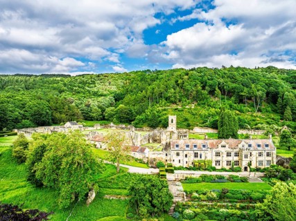 Mount Grace Priory, House and Gardens from a drone, East Harlsey, North Yorkshire, England, United