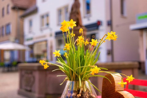 A bouquet of yellow daffodils in a vase in front of a blurred cityscape in spring, Nagold, Calw