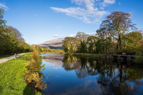 Caledonian Canal, Caol Beach and Nevis Range Mountains, Corpach, Fort William, Highland, Scotland,