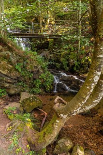 Wooden bridge in the upper area of ??the Todtnau waterfall in the Black Forest in Germany