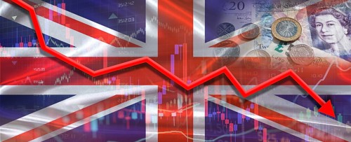 British financial crisis on economic graph. Financial fall of United Kingdom on economy market