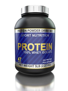 Sport nutrition, bodybuilding supplements, diet concept, whey isolate protein jar isolated on white