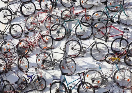 Over a hundred bicycles are mounted on the wall of a bicycle shop, Altlandsberg, 19 October 2012,